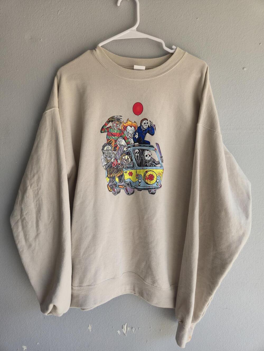 Hanes EcoSmart Large Beige Graphic Sweatshirt with Horror Characters Size Large